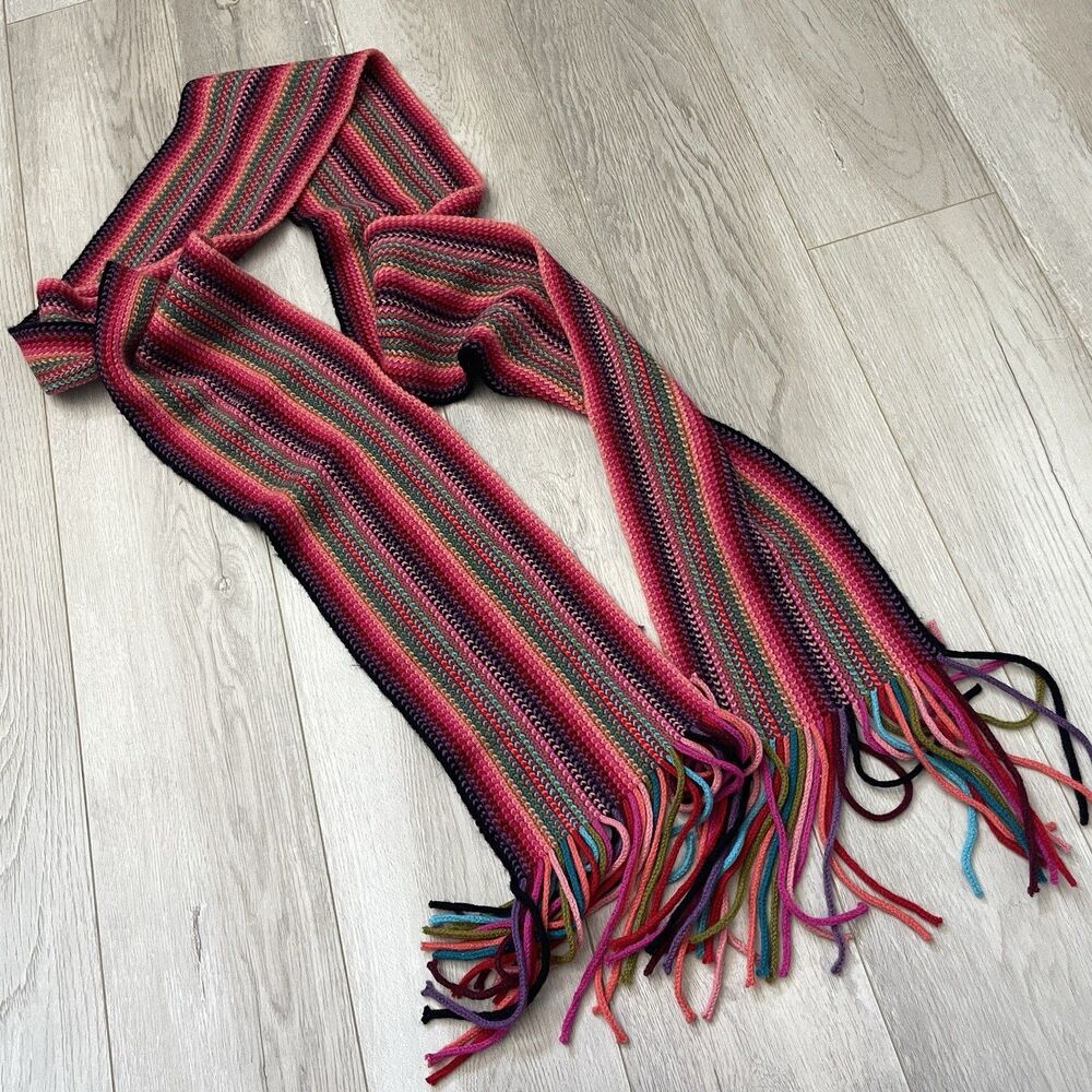 Striped Knit Scarf rectangular long fringe womens Pink (one size) colorful retro
